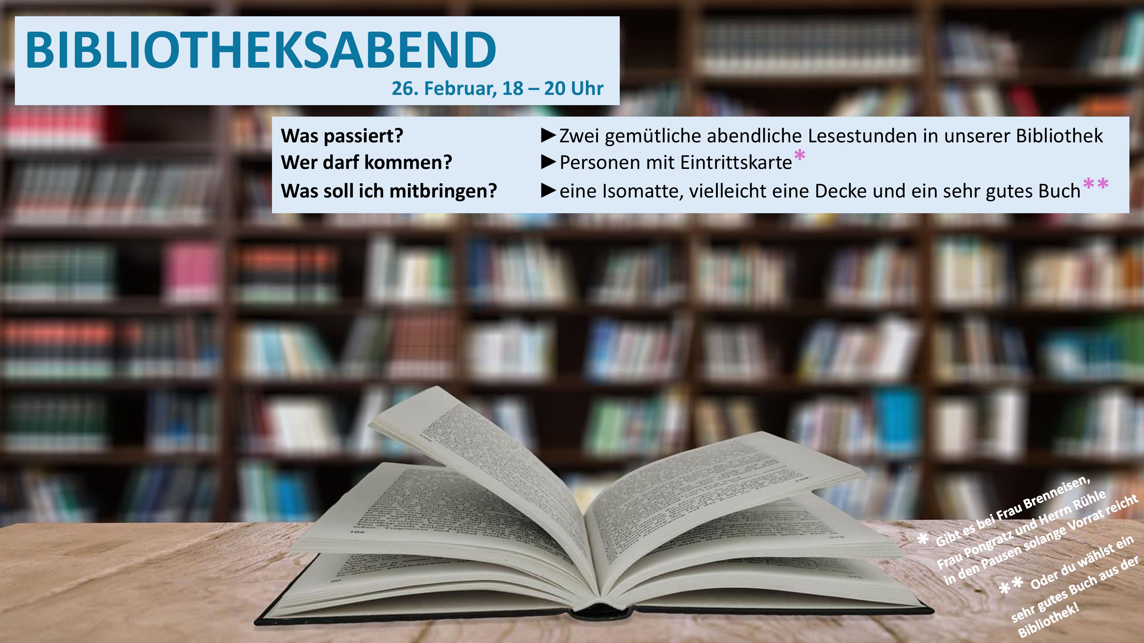 Infoflyer zum Bibliotheksabend am 26.2. um 18 Uhr