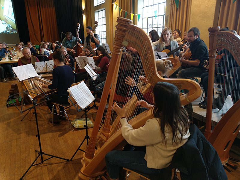 In einer Wirtschaft sitzen Zuhörende im Hintergrund, während im Vordergrund die Musikerinnen und Musiker der Irish Folk Band auf ihren Harfen, Hackbrettern, Violinen und anderen Instrumenten musizieren.