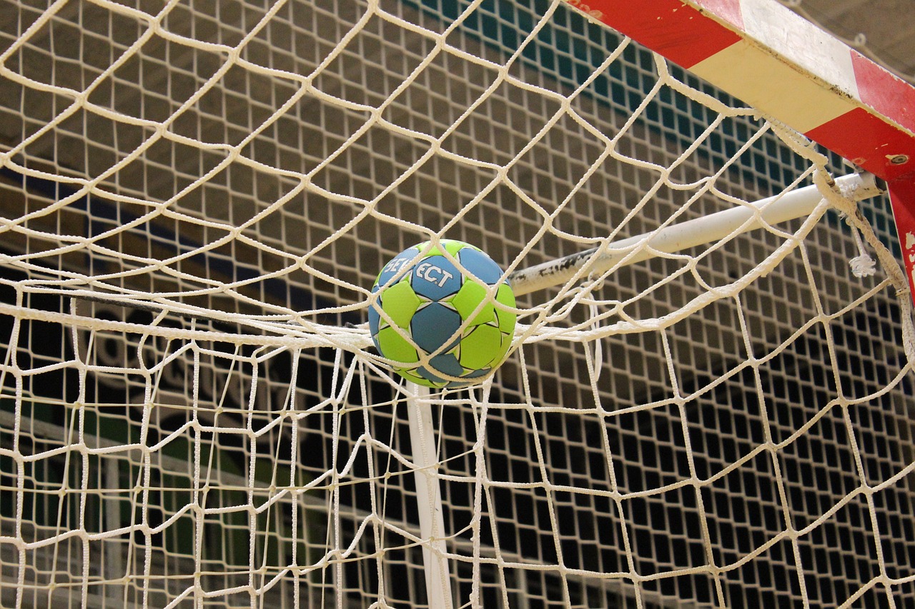 Zu sehen ist ein Handballtor mit einem Handball.