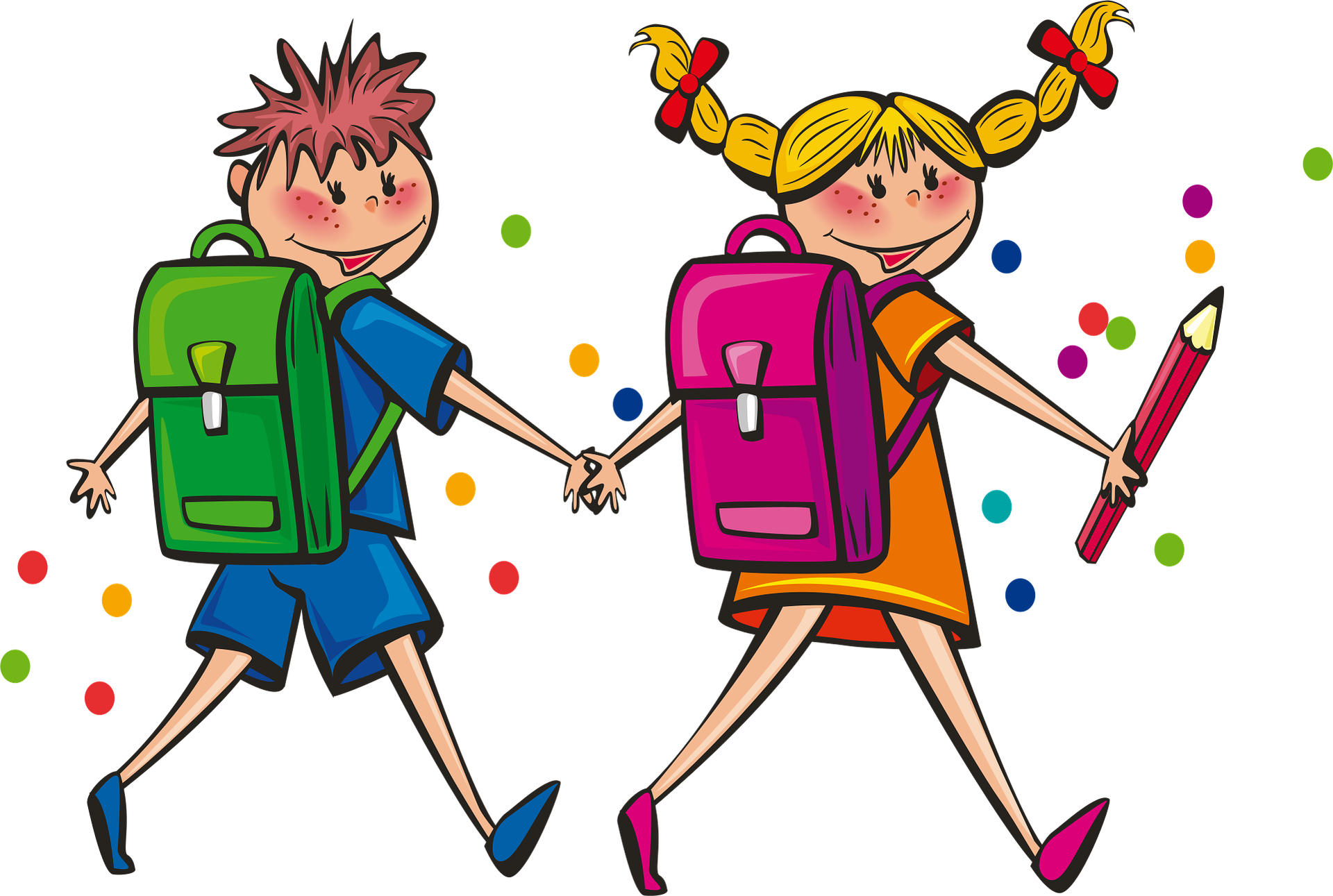 Zu sehen ist eine Grafik mit einem Jungen und einem Mädchen, die Schultaschen tragen und fröhlich Hand in Hand gehen
