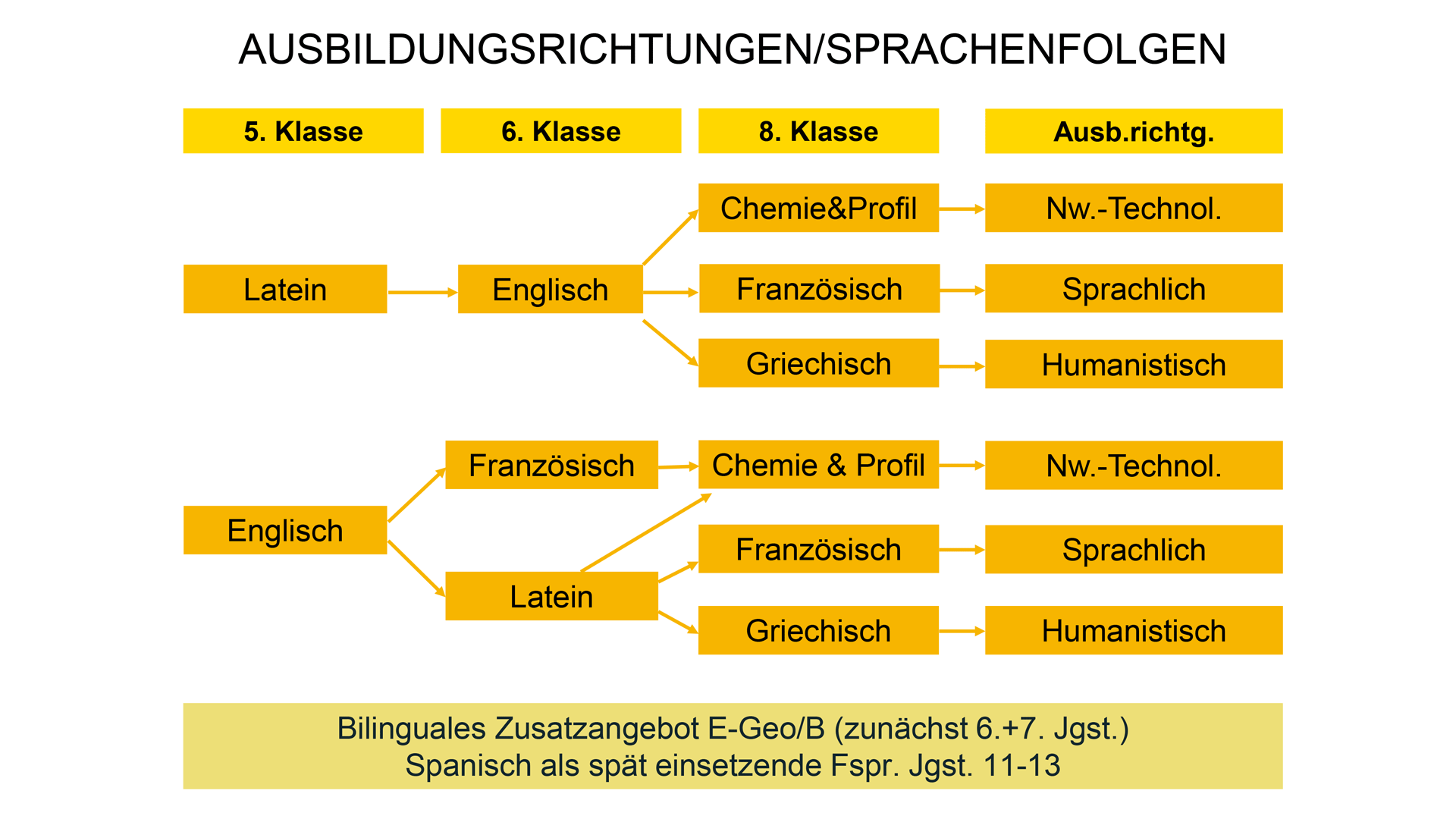Zu sehen ist ein Schema, dass die Ausbildungsrichtungen / Möglichkeiten der Sprachenfolgen des Gymnasiums in den Blick nimmt.