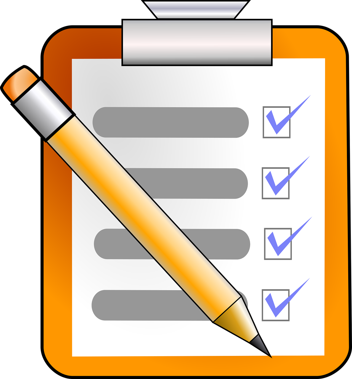 Zu sehen sind ein Klemmbrett, auf das eine Checkliste geklemmt ist, und ein großer Stift.