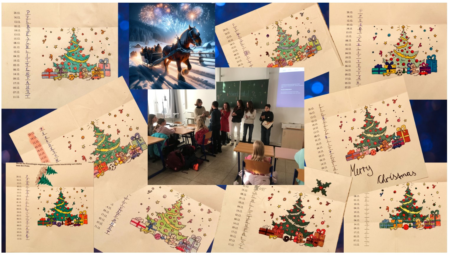 Zu sehen ist eine Bildkollage mit weihnachtlichen Bildern und den Lösungen des weihnachtlichen Adventsrätsels des Gymnasiums.