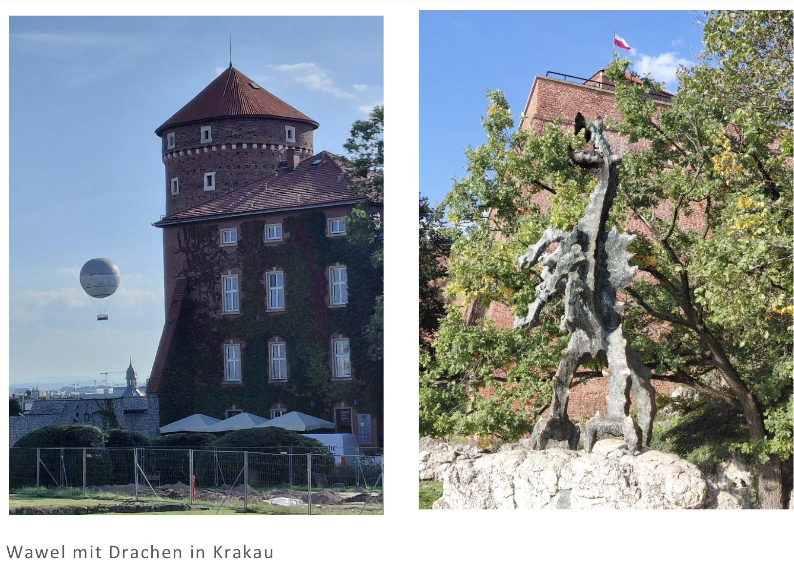Zu sehen ist der Wawel mit Drachenfigur aus Eisen in Krakau