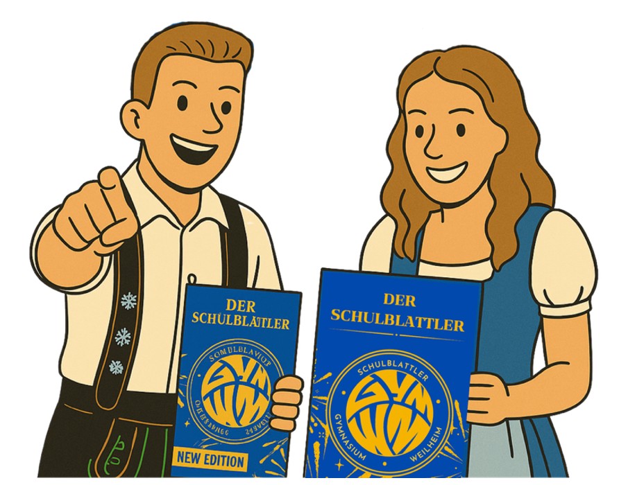Zu sehen ist eine Zeichnung eines Mädchens und eines Jungen in traditioneller bayerischer Kleidung. Beide halten ein Exemplar der Schülerzeitung in der Hand – mit dem GymWm-Logo und dem Titel „Der Schulblattler“ auf dem Cover.