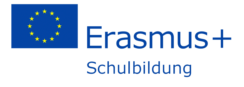 Links oben ist die Europaflagge sichtbar, während vor einem blauen Hintergrund die Begriffe „Erasmus+“ und „Schulbildung“ leuchten. 