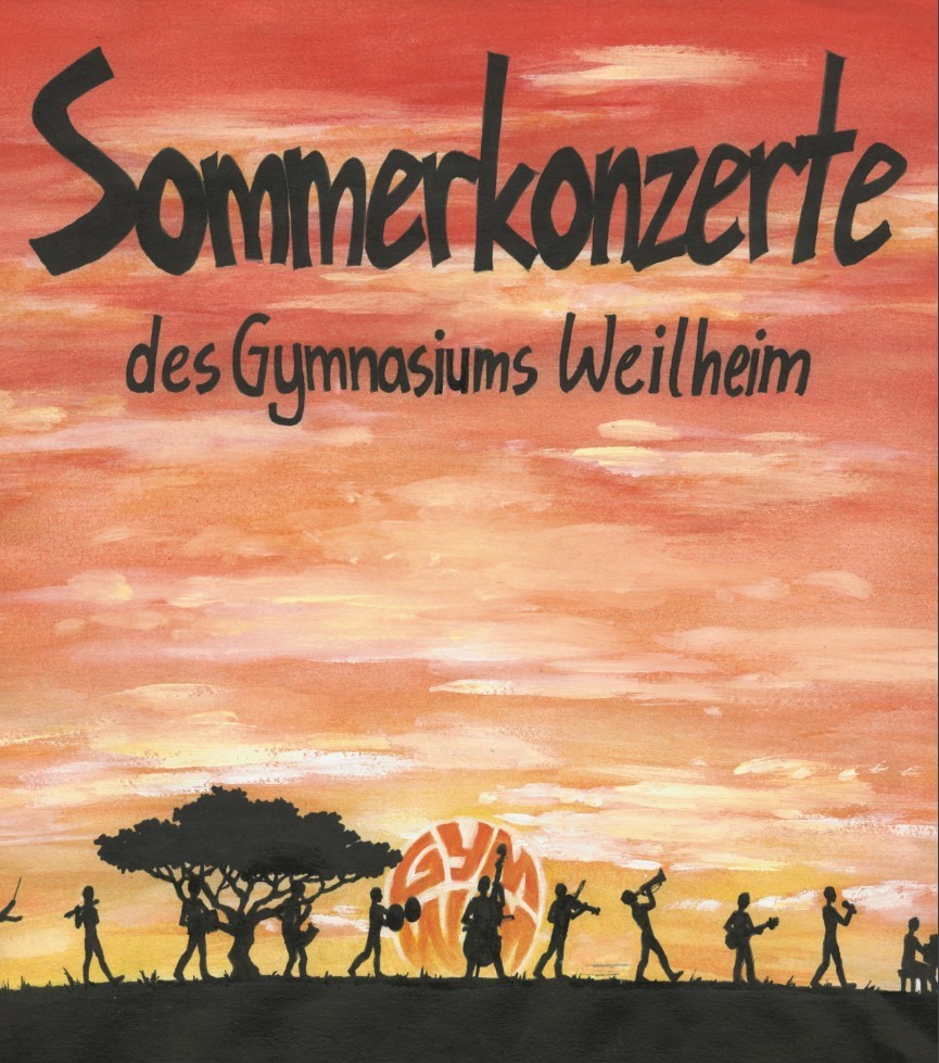 Vor einem leuchtend roten und gelben Sonnenuntergang ziehen Musikerinnen und Musiker in schwarzer Silhouette mit ihren Instrumenten von links nach rechts über das Bild. In der Mitte ist das Logo der Schule platziert.