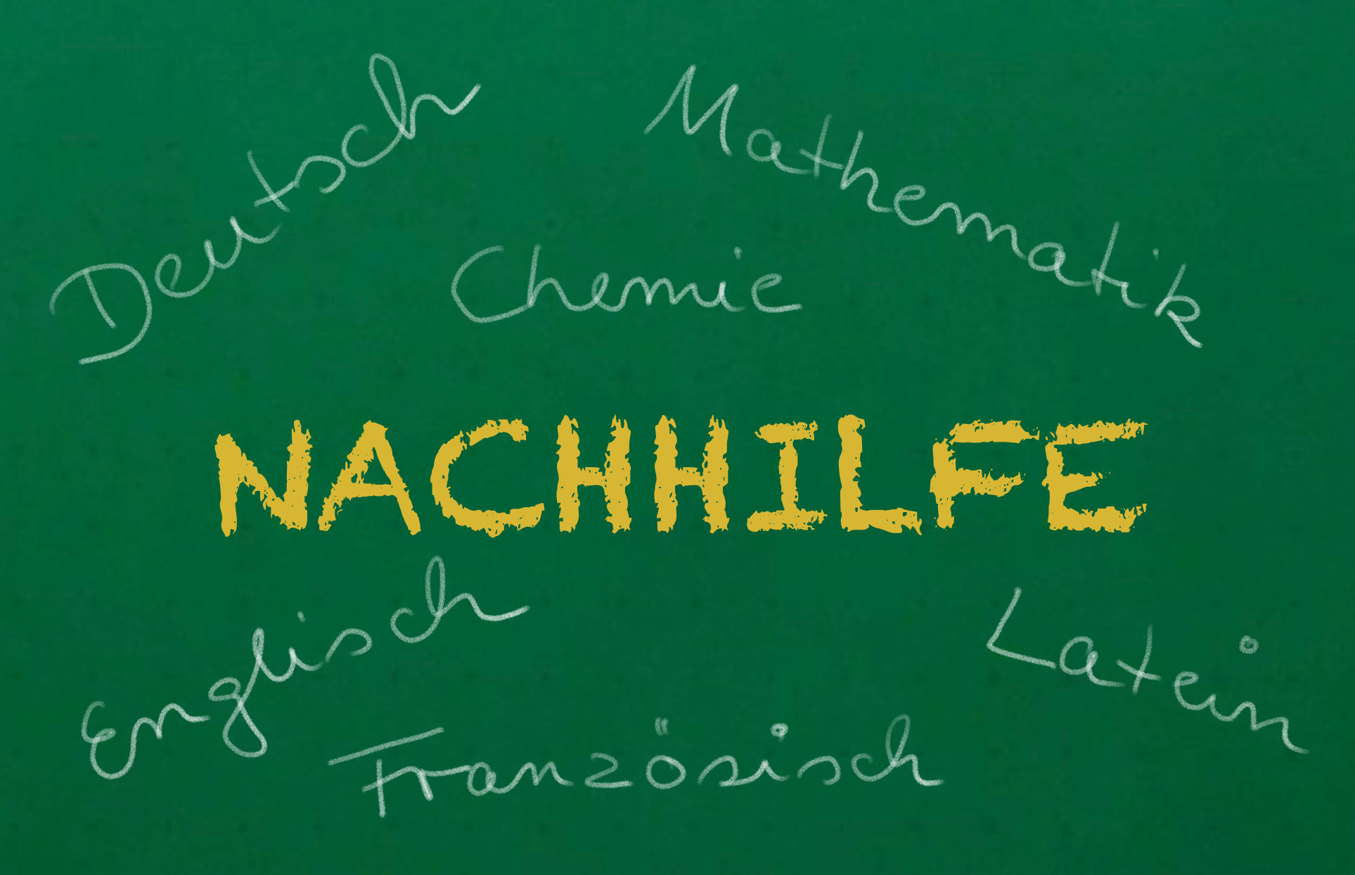 Zu sehen ist das Wort NACHHILFE vor einem grünen Hintergrund. Um das Wort herum stehen die Fächer Deutsch, Mathematik, Chemie, Englisch, Französisch und Latein.